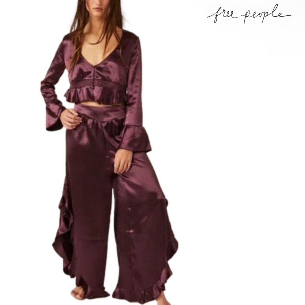 Free People Chasing Love Ruffle Satin Pyjamas - Picture 1 of 15